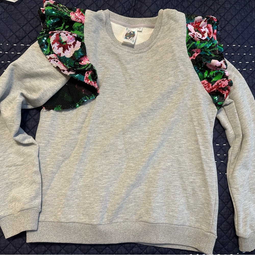 QUEEN OF SPARKLES Gray Sweatshirt with Floral Sequin Ruffles